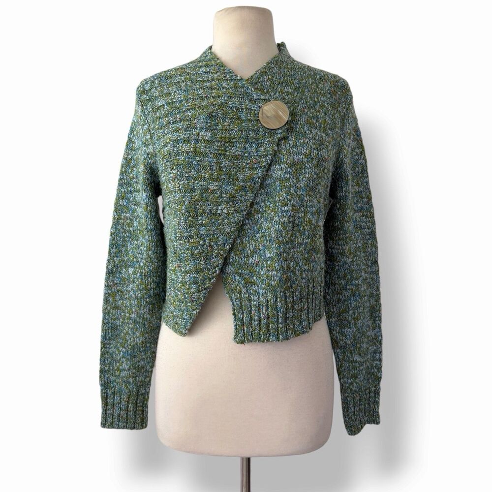 Anthropologie Marled Knit Asymmetric Cropped Cardigan Sweater Green Blue Medium